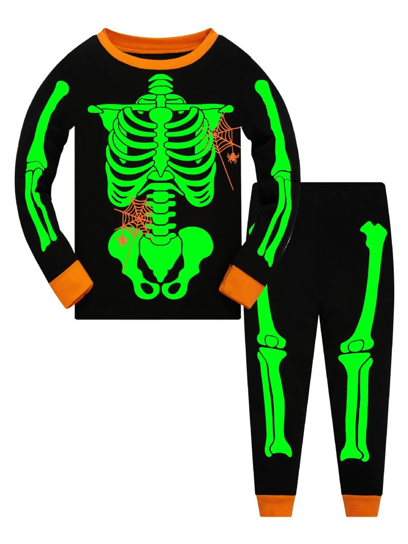 Popshion 2kpl Taaperoiden Lasten Pyjamat Hehkuvat Pimeässä Halloween Skeleton Puuvillainen Yöpukusetti Pojille Fluoresoiva Elf Skull Hämähäkkiverkko Pitkähihainen Pyjama Puku