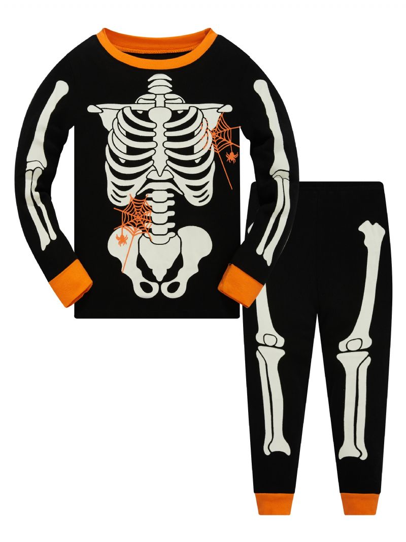 Popshion 2kpl Taaperoiden Lasten Pyjamat Hehkuvat Pimeässä Halloween Skeleton Puuvillainen Yöpukusetti Pojille Fluoresoiva Elf Skull Hämähäkkiverkko Pitkähihainen Pyjama Puku