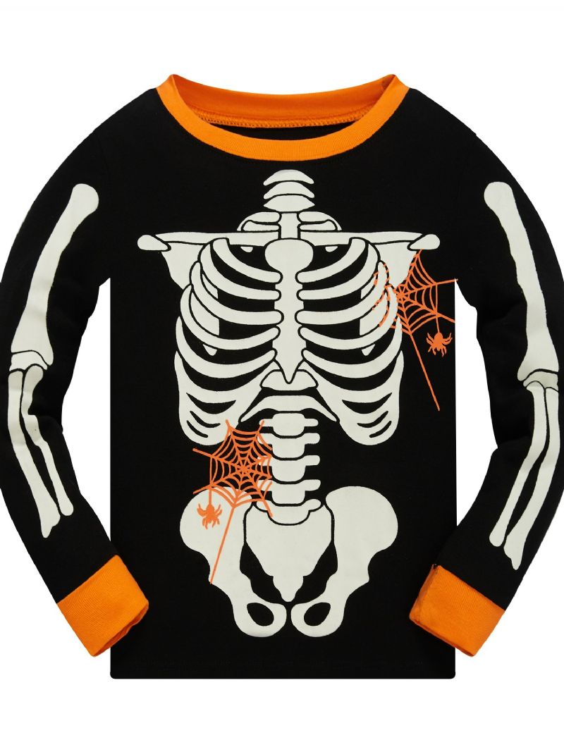 Popshion 2kpl Taaperoiden Lasten Pyjamat Hehkuvat Pimeässä Halloween Skeleton Puuvillainen Yöpukusetti Pojille Fluoresoiva Elf Skull Hämähäkkiverkko Pitkähihainen Pyjama Puku