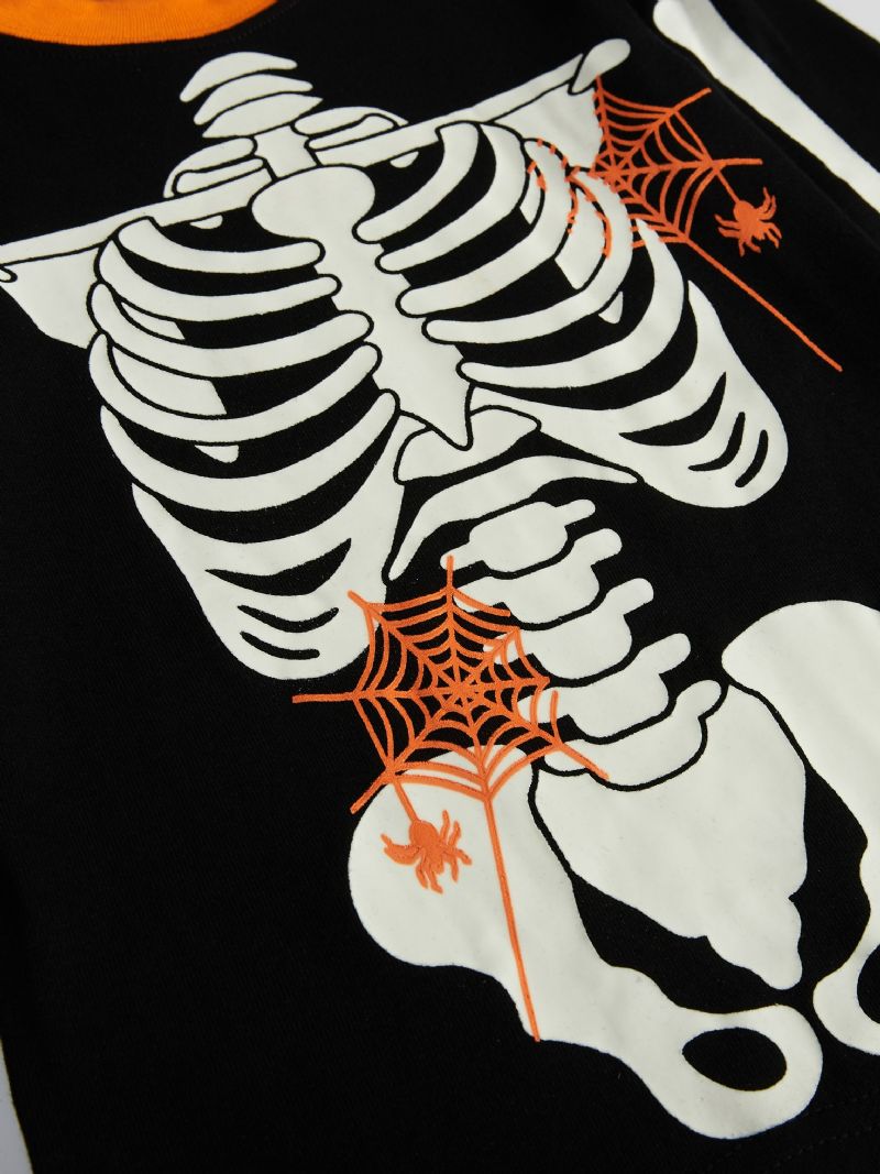 Popshion 2kpl Taaperoiden Lasten Pyjamat Hehkuvat Pimeässä Halloween Skeleton Puuvillainen Yöpukusetti Pojille Fluoresoiva Elf Skull Hämähäkkiverkko Pitkähihainen Pyjama Puku