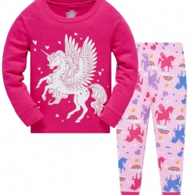 Popshion 2kpl Tyttöjen Fluorescent Unicorn Glowing Cartoon Animal Pitkähihainen Pyjama-puuvillapuku