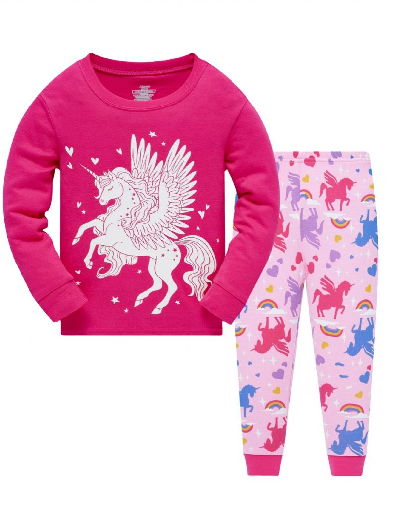 Popshion 2kpl Tyttöjen Fluorescent Unicorn Glowing Cartoon Animal Pitkähihainen Pyjama-puuvillapuku