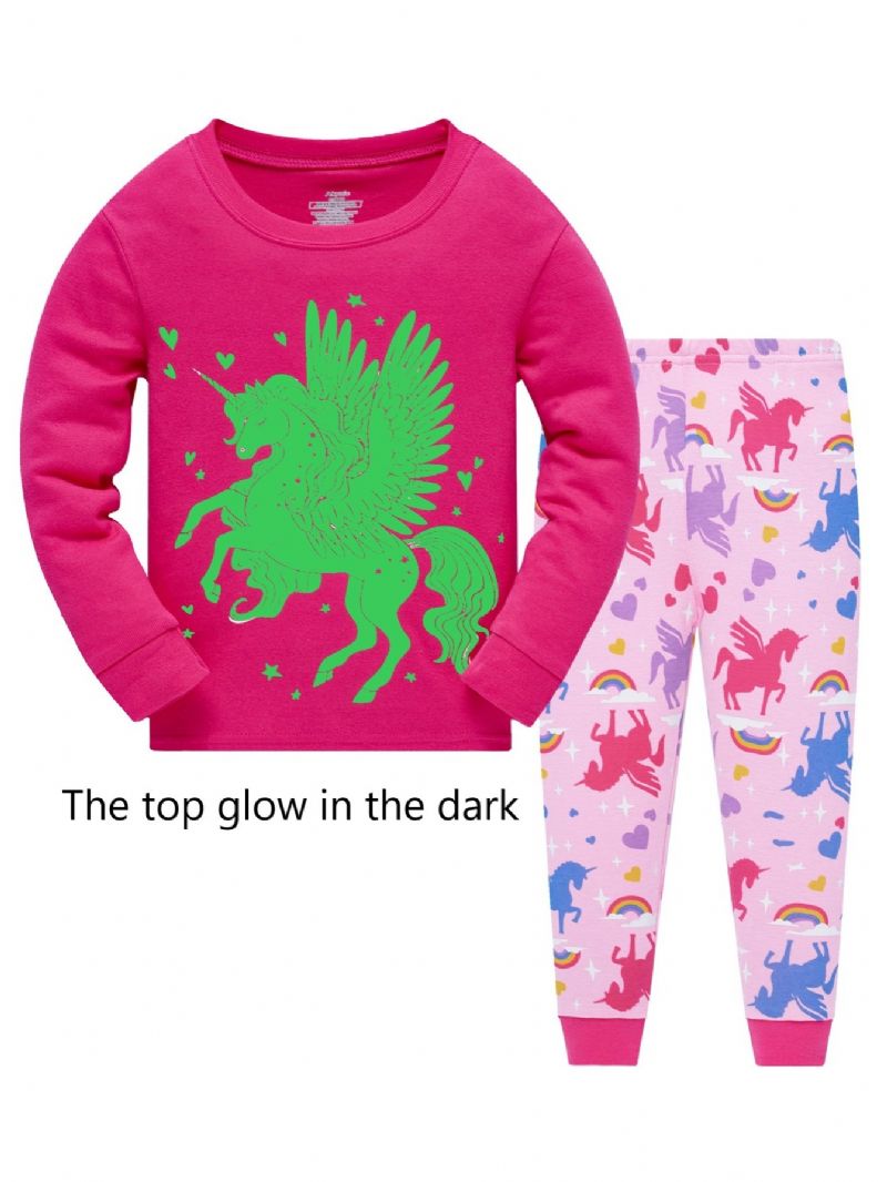 Popshion 2kpl Tyttöjen Fluorescent Unicorn Glowing Cartoon Animal Pitkähihainen Pyjama-puuvillapuku