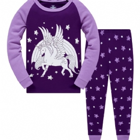 Popshion 2kpl Tyttöjen Fluorescent Unicorn Glowing Cartoon Purppura Pitkähihainen Pyjama-puuvillapuku