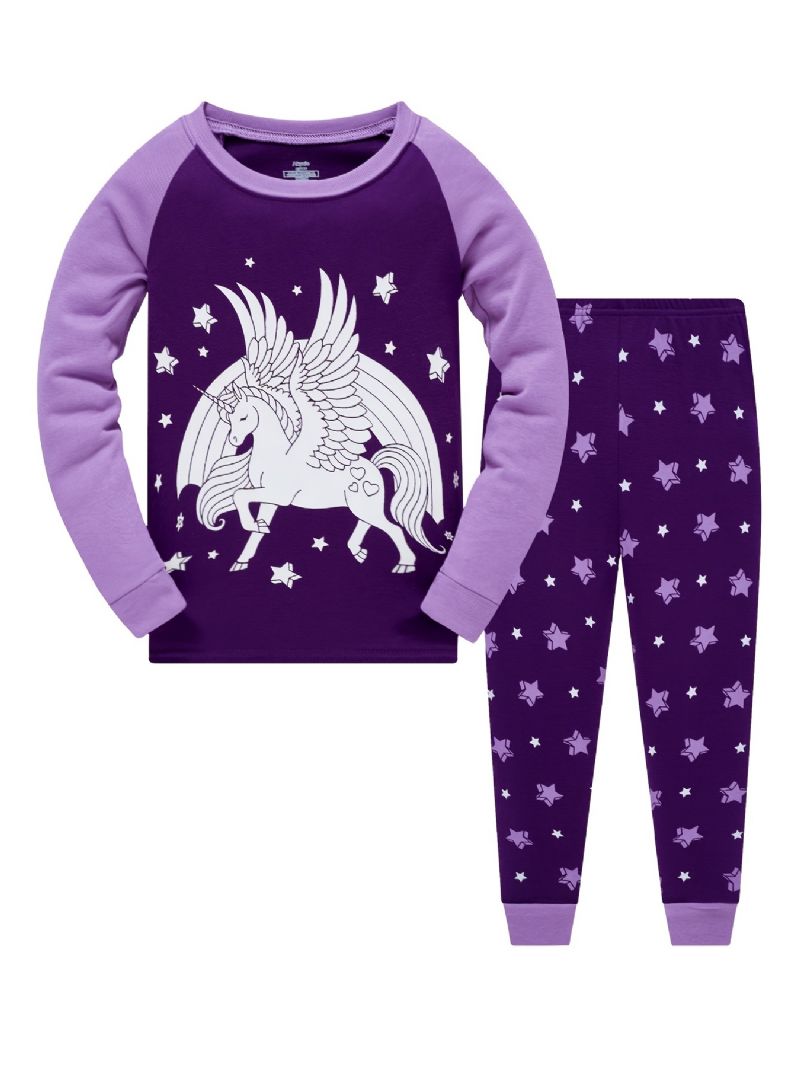 Popshion 2kpl Tyttöjen Fluorescent Unicorn Glowing Cartoon Purppura Pitkähihainen Pyjama-puuvillapuku