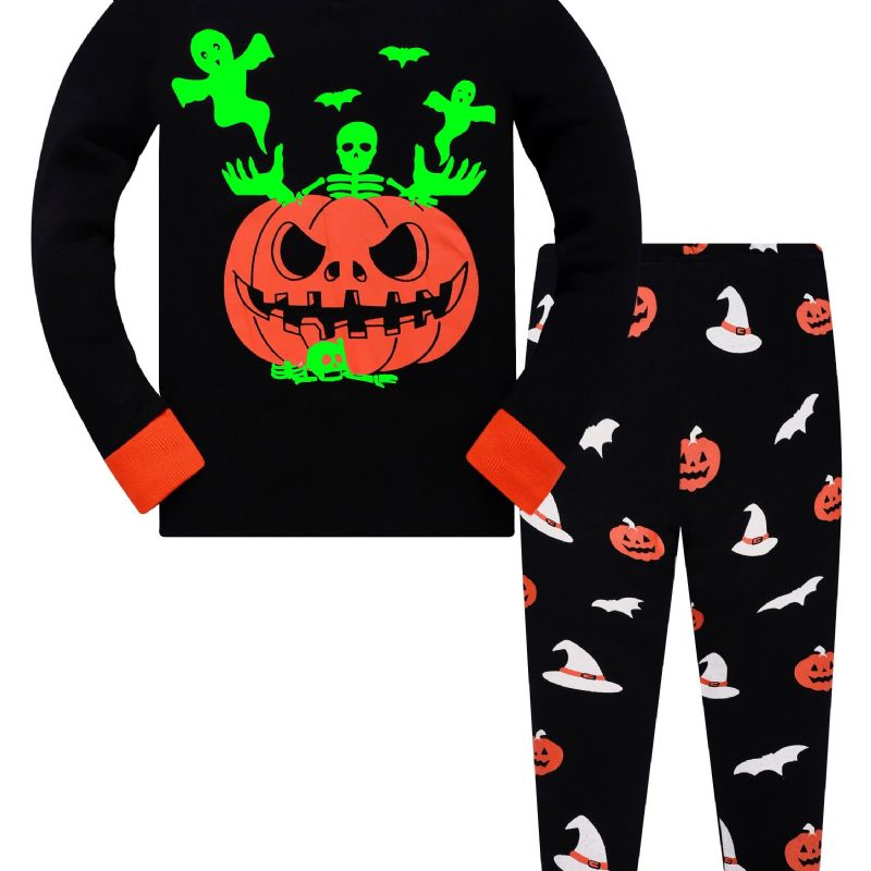 Popshion Poikien Fluorescent Halloween Pumpkin Skull Bat Pitkähihaiset Pyjamathousut