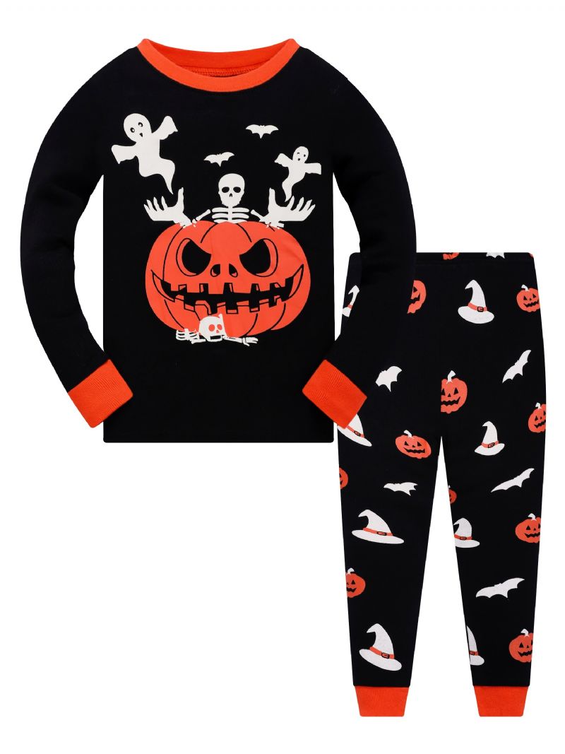 Popshion Poikien Fluorescent Halloween Pumpkin Skull Bat Pitkähihaiset Pyjamathousut