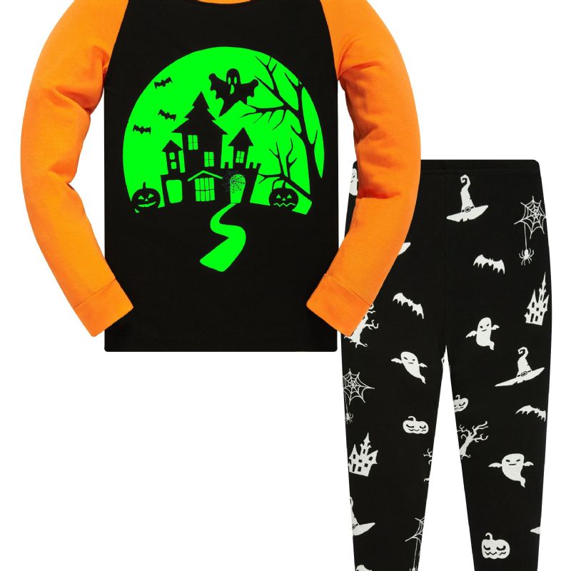 Popshion Poikien Spider Pumpkin Bat Ghost Witch Pitkähihainen Pyjamasetti