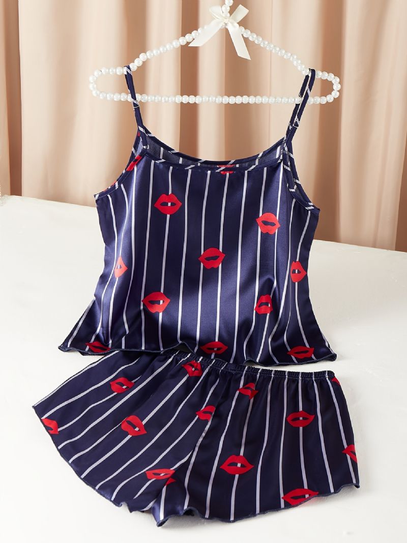 Silkkiset Huulet Kuvioiset Satiinipyjamat Crop Cami Toppi & Poikien Shortsit Pyjama-setti Naisten Alusvaatteet Ja Yöasut