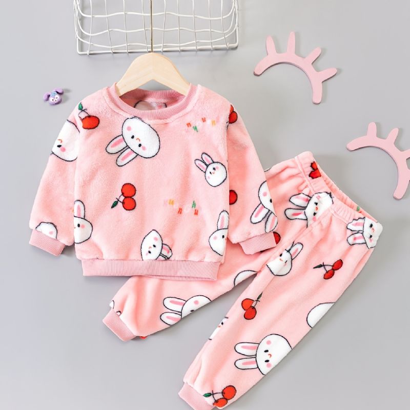 Toddler Vauvan Pehmo Pyjamat Perheasu Rabbit Print Pyöreäpääntie Pitkähihainen Toppi & Housutsetti Tytöille Lasten Vaatteet