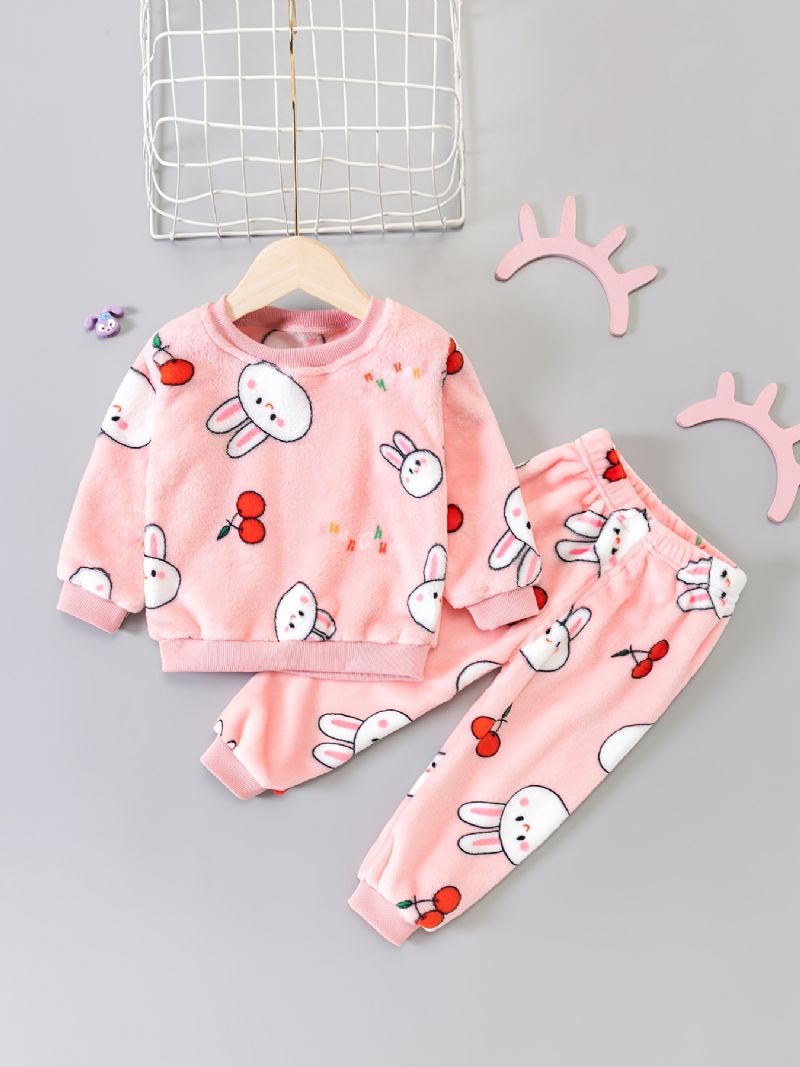 Toddler Vauvan Pehmo Pyjamat Perheasu Rabbit Print Pyöreäpääntie Pitkähihainen Toppi & Housutsetti Tytöille Lasten Vaatteet