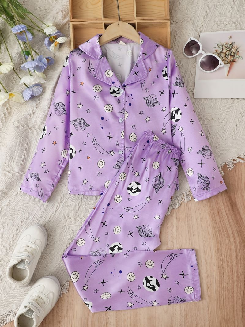 Tytöille Satin Star Print Pyjamasetti Pitkähihainen Paita + Yhteensopiva Housut Setti Lounge Wear Kotivaatteet Lasten Vaatteet