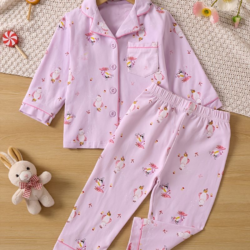 Tytöt Söpö Eläinprintti Pitkähihainen Lapel Top Pants Pyjama Set