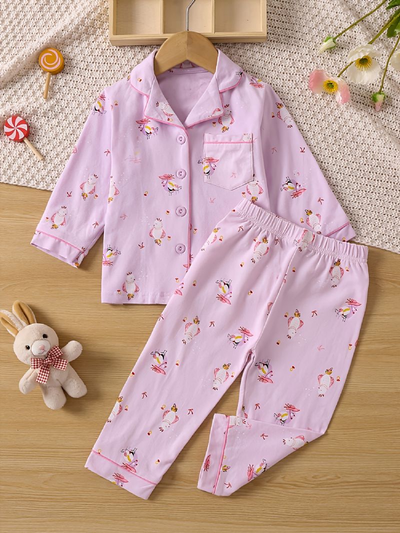 Tytöt Söpö Eläinprintti Pitkähihainen Lapel Top Pants Pyjama Set