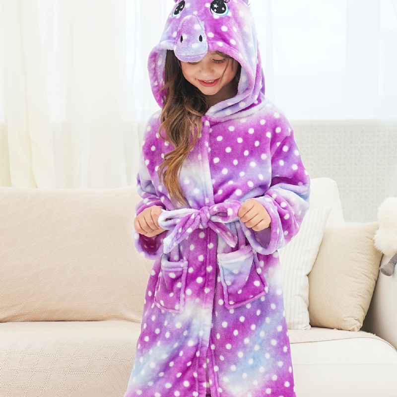 Tytöt Yksisarvinen Hupullinen Kylpytakki Purppura Galaxy Dots Fleece Lasten Vaatteet Yöpuvut