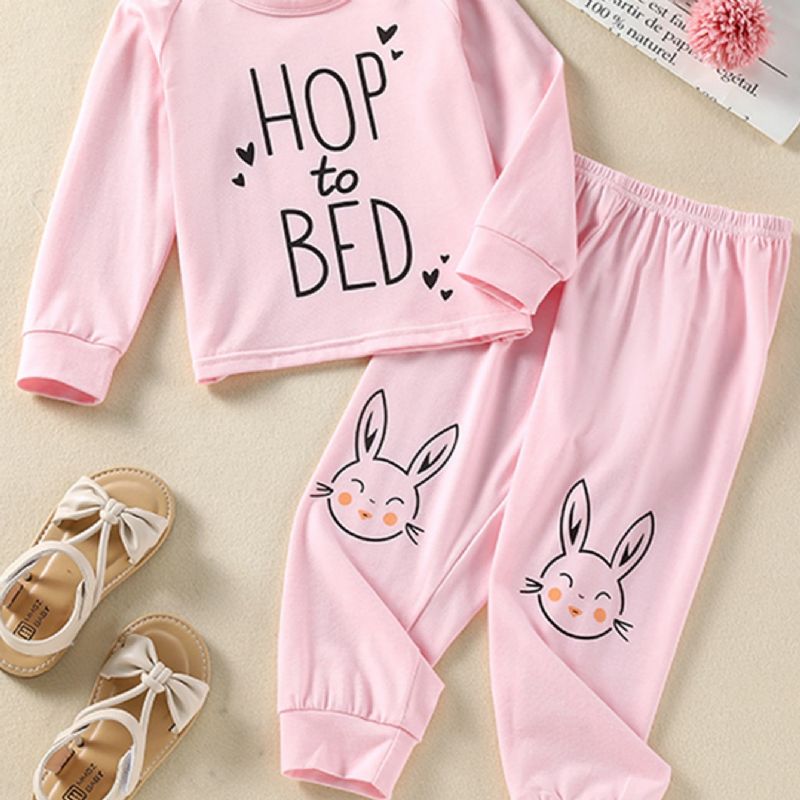 Tyttöjen Alphabet Bunny Print Pink Pyjamasetti