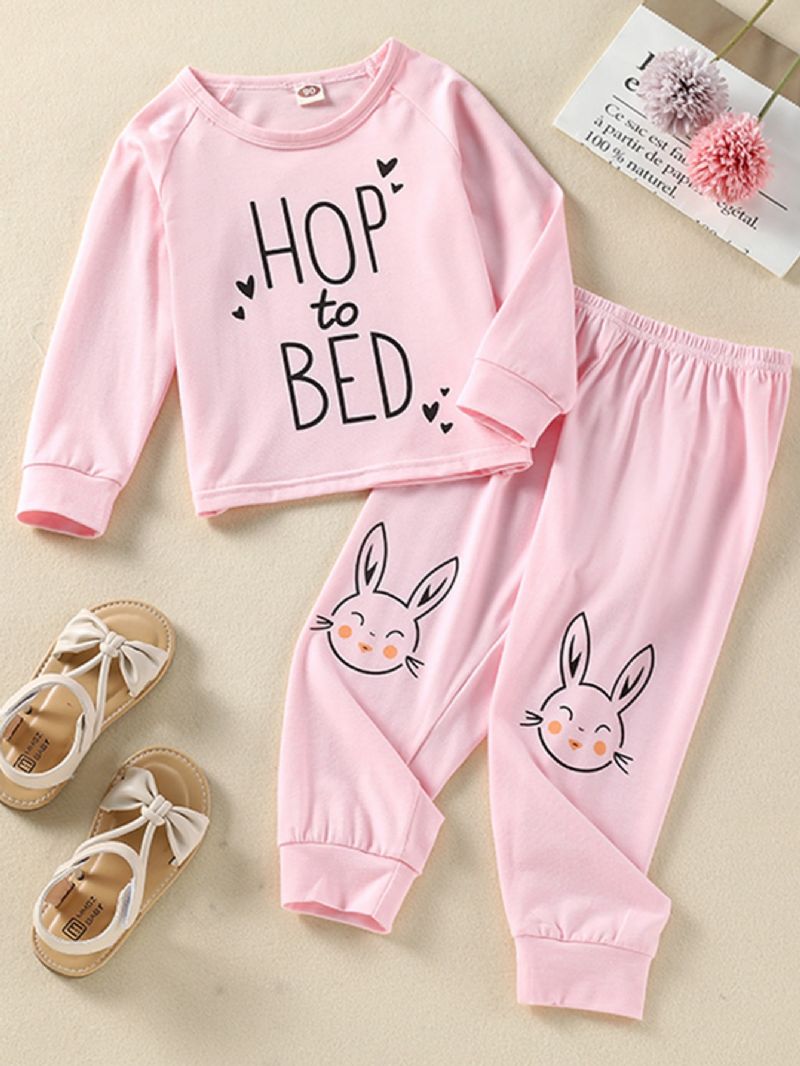 Tyttöjen Alphabet Bunny Print Pink Pyjamasetti