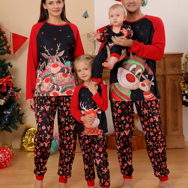 Tyttöjen Christmas Deer Print Pyöreäkaula-aukkoinen Pitkähihainen Toppi & Housutsetti Pyjama Joulu