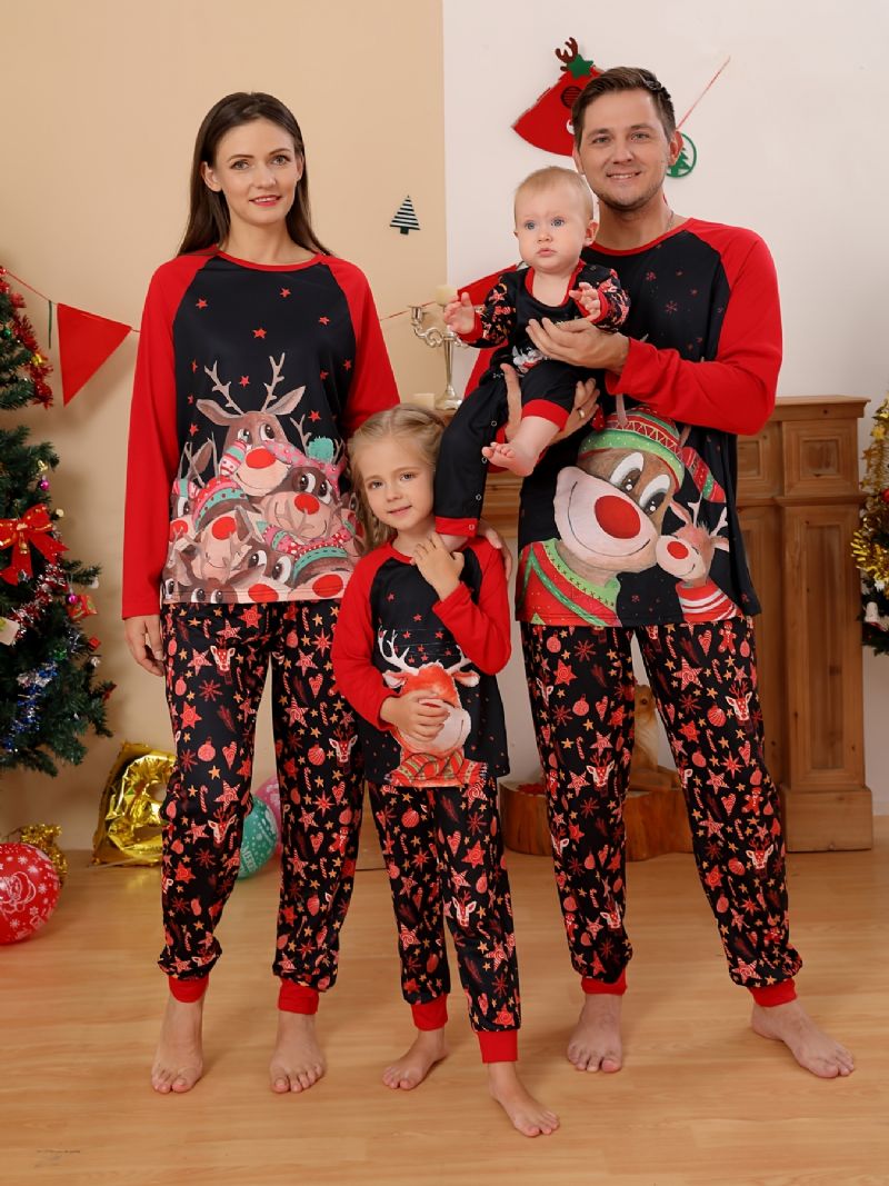 Tyttöjen Christmas Deer Print Pyöreäkaula-aukkoinen Pitkähihainen Toppi & Housutsetti Pyjama Joulu