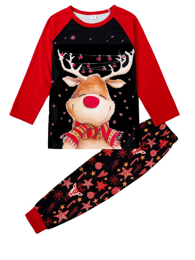 Tyttöjen Christmas Deer Print Pyöreäkaula-aukkoinen Pitkähihainen Toppi & Housutsetti Pyjama Joulu