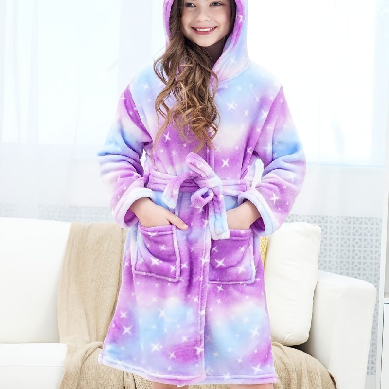 Tyttöjen Fleece Pitkähihainen Hupullinen Kylpytakki Purppura Galaxy Flanelli Lasten Vaatteet Yöpuvut