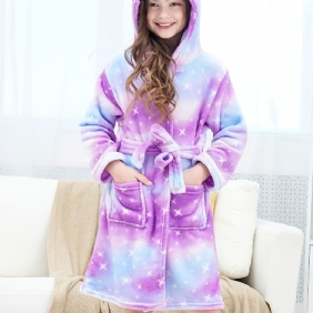 Tyttöjen Fleece Pitkähihainen Hupullinen Kylpytakki Purppura Galaxy Flanelli Lasten Vaatteet Yöpuvut