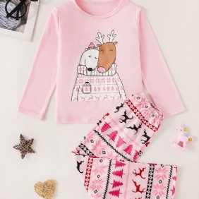 Tyttöjen Jouluiset Söpöt Elk & Bear Print Pitkähihaiset Pyjamasetit