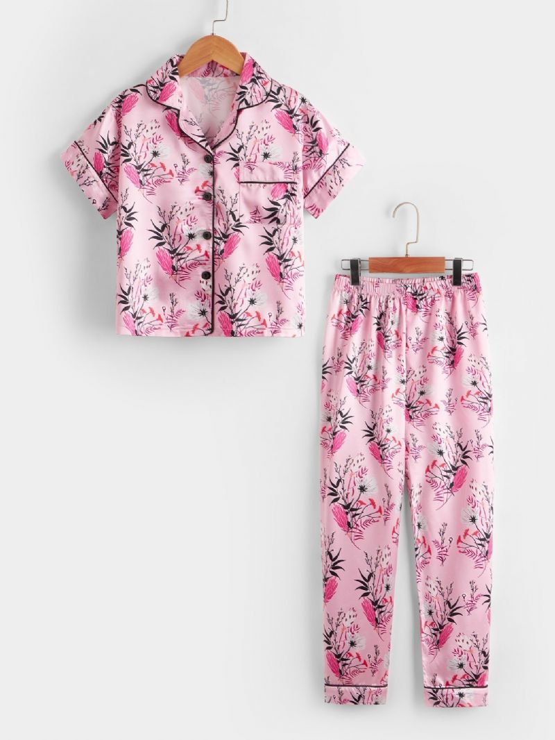 Tyttöjen Kukkakuvioinen Nappi Edessä Satiininen Pyjamasetti