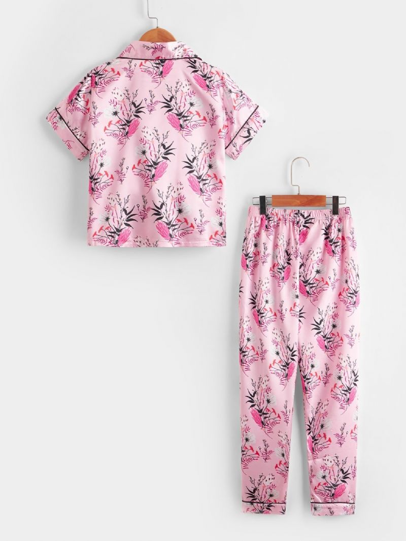 Tyttöjen Kukkakuvioinen Nappi Edessä Satiininen Pyjamasetti