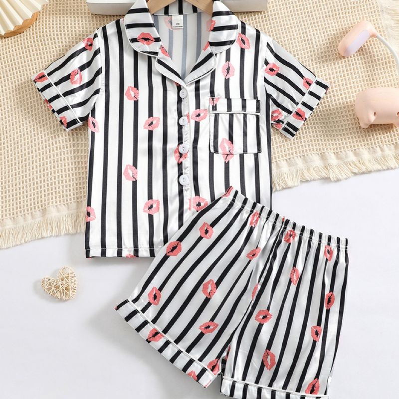 Tyttöjen Lip Print Straip Button Front Satin Pyjama Set