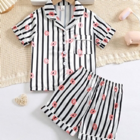Tyttöjen Lip Print Straip Button Front Satin Pyjama Set