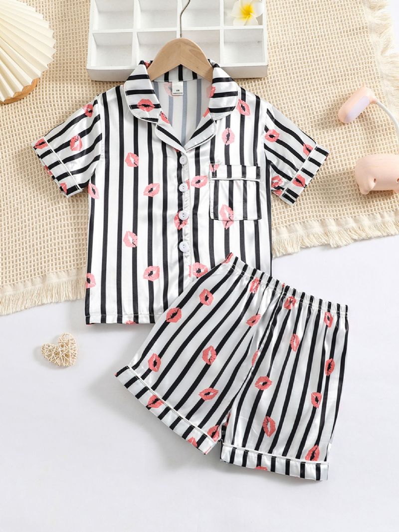 Tyttöjen Lip Print Straip Button Front Satin Pyjama Set