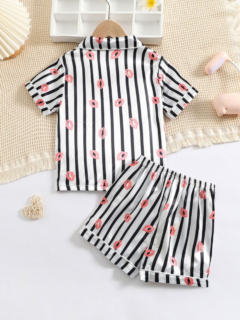 Tyttöjen Lip Print Straip Button Front Satin Pyjama Set