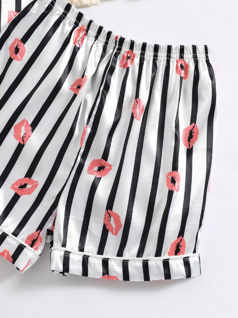 Tyttöjen Lip Print Straip Button Front Satin Pyjama Set