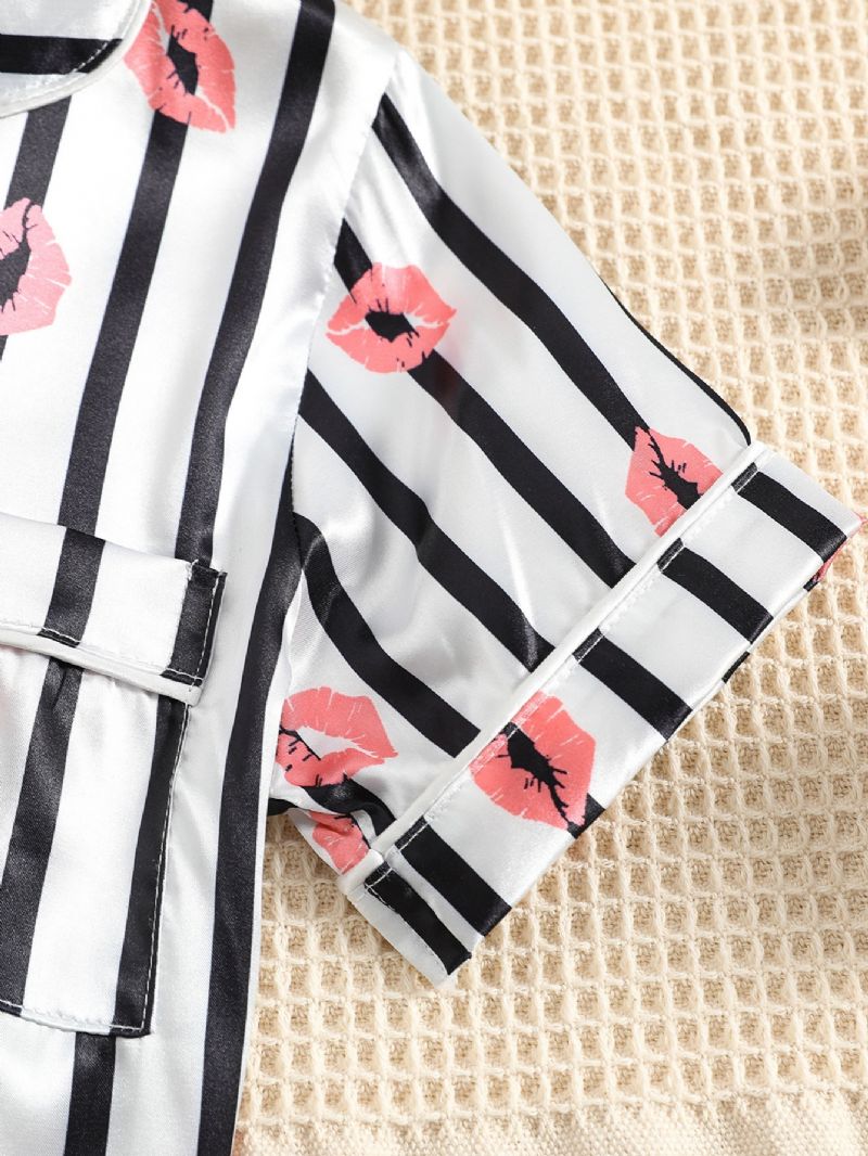 Tyttöjen Lip Print Straip Button Front Satin Pyjama Set