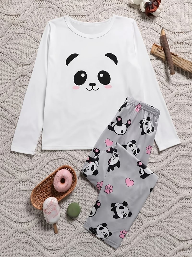 Tyttöjen Panda Print Pitkähihainen Toppi + Housut Pyjamasetti Lasten Vaatteet