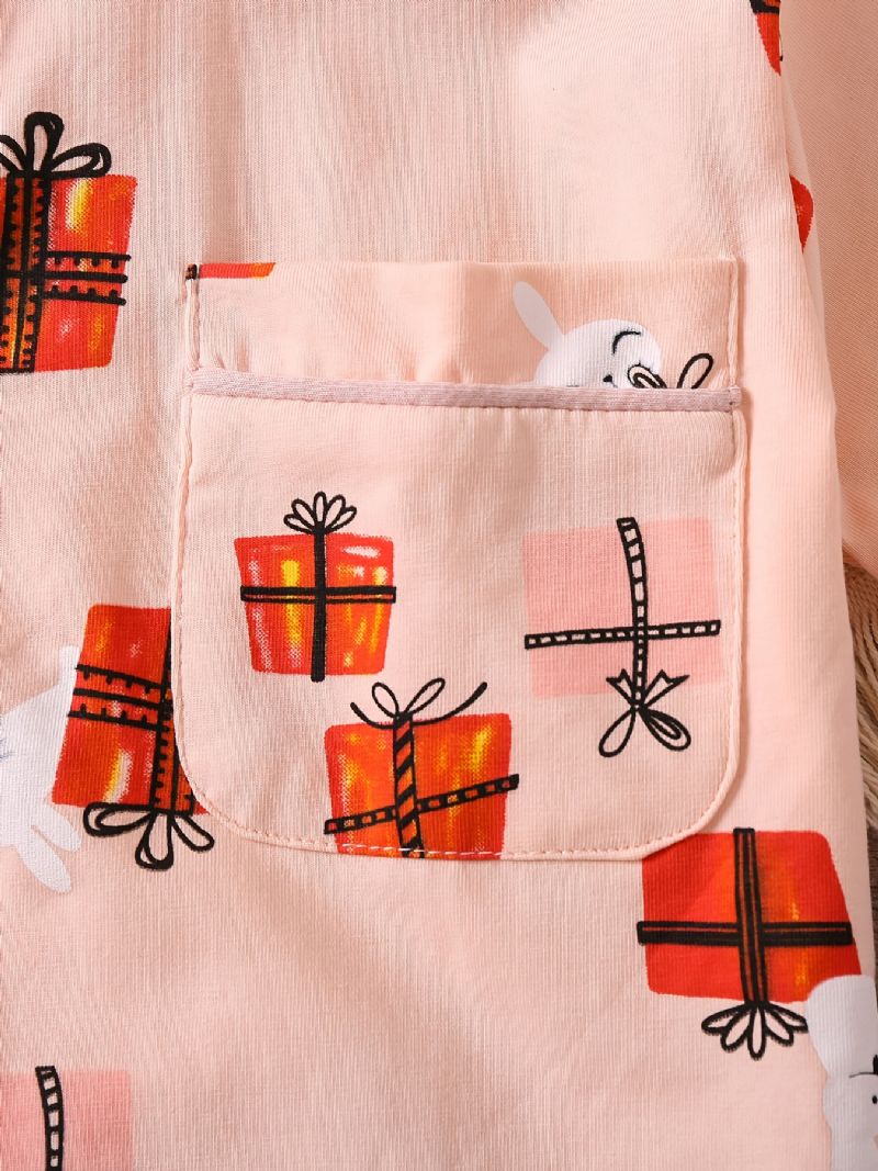 Tyttöjen Puuvillainen Pyjamasetti Pyöreäkauluksinen Lyhythihainen Toppi + Yhteensopivat Shortsit Joissa On Lahjakuvio Lasten Vaatteet Joulu