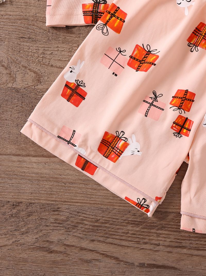 Tyttöjen Puuvillainen Pyjamasetti Pyöreäkauluksinen Lyhythihainen Toppi + Yhteensopivat Shortsit Joissa On Lahjakuvio Lasten Vaatteet Joulu