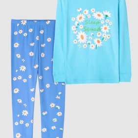 Tyttöjen Pyjamat Daisy Print Pyöreäkaula-aukkoinen Pitkähihainen Toppi & Housutsetti