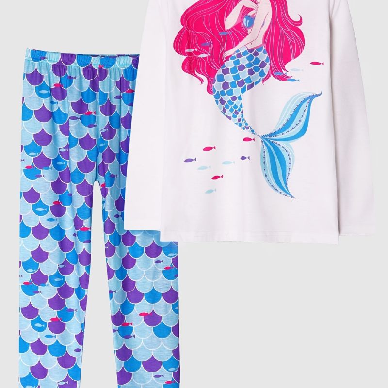 Tyttöjen Pyjamat Mermaid Print Pyöreäkaula-aukoinen Pitkähihainen Toppi & Housutsetti