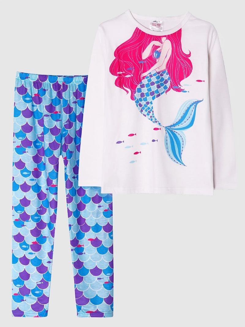 Tyttöjen Pyjamat Mermaid Print Pyöreäkaula-aukoinen Pitkähihainen Toppi & Housutsetti