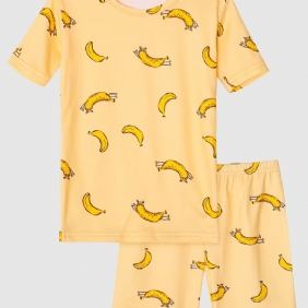 Tyttöjen Pyjamat Perheasu Banaaniprintti Pyöreäkaula-aukkoinen Lyhythihainen T-paita & Shortsitsetti Lasten Vaatteet
