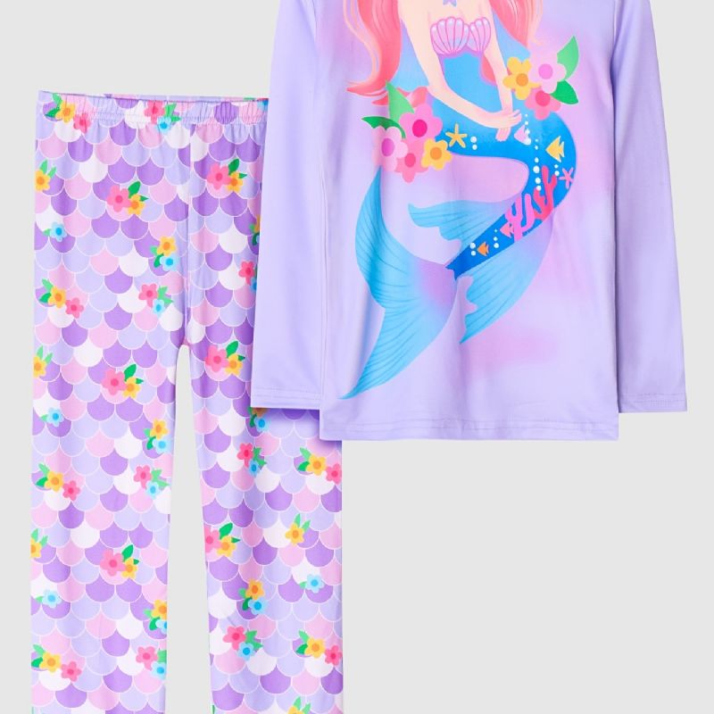 Tyttöjen Pyjamat Perheasu Mermaid Print Pyöreäkaula-aukoinen Pitkähihainen Toppi & Housutsetti Lasten Vaatteet