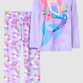 Tyttöjen Pyjamat Perheasu Mermaid Print Pyöreäkaula-aukoinen Pitkähihainen Toppi & Housutsetti Lasten Vaatteet