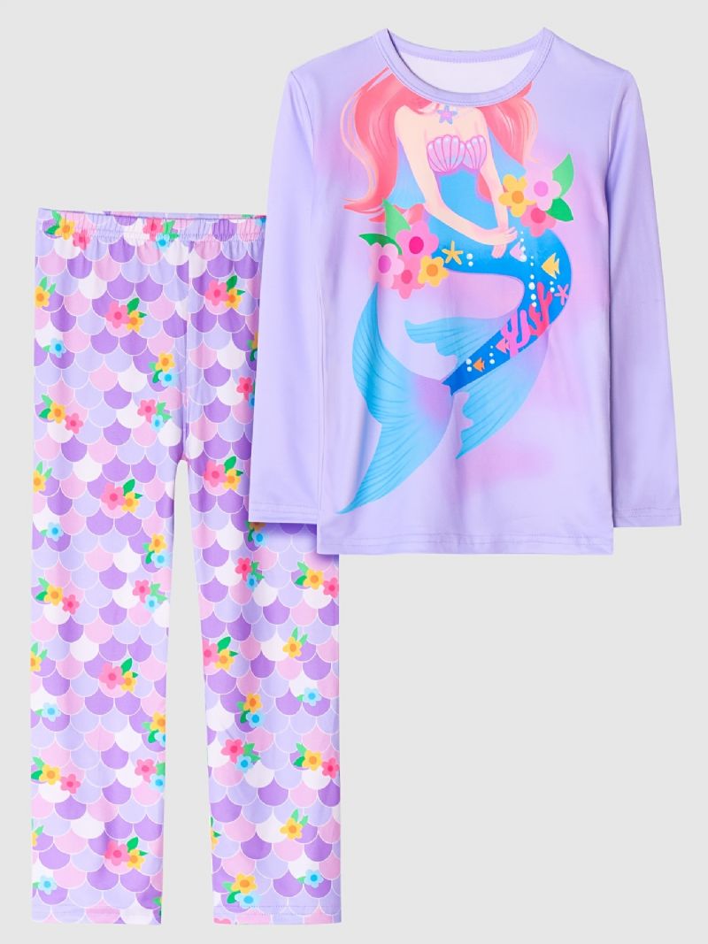 Tyttöjen Pyjamat Perheasu Mermaid Print Pyöreäkaula-aukoinen Pitkähihainen Toppi & Housutsetti Lasten Vaatteet