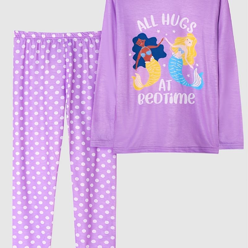 Tyttöjen Pyjamat Perheasu Mermaid Print Pyöreäkaula-aukoinen Pitkähihainen Toppi & Pilkkuhoususetti Lasten Vaatteet