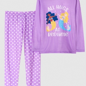 Tyttöjen Pyjamat Perheasu Mermaid Print Pyöreäkaula-aukoinen Pitkähihainen Toppi & Pilkkuhoususetti Lasten Vaatteet