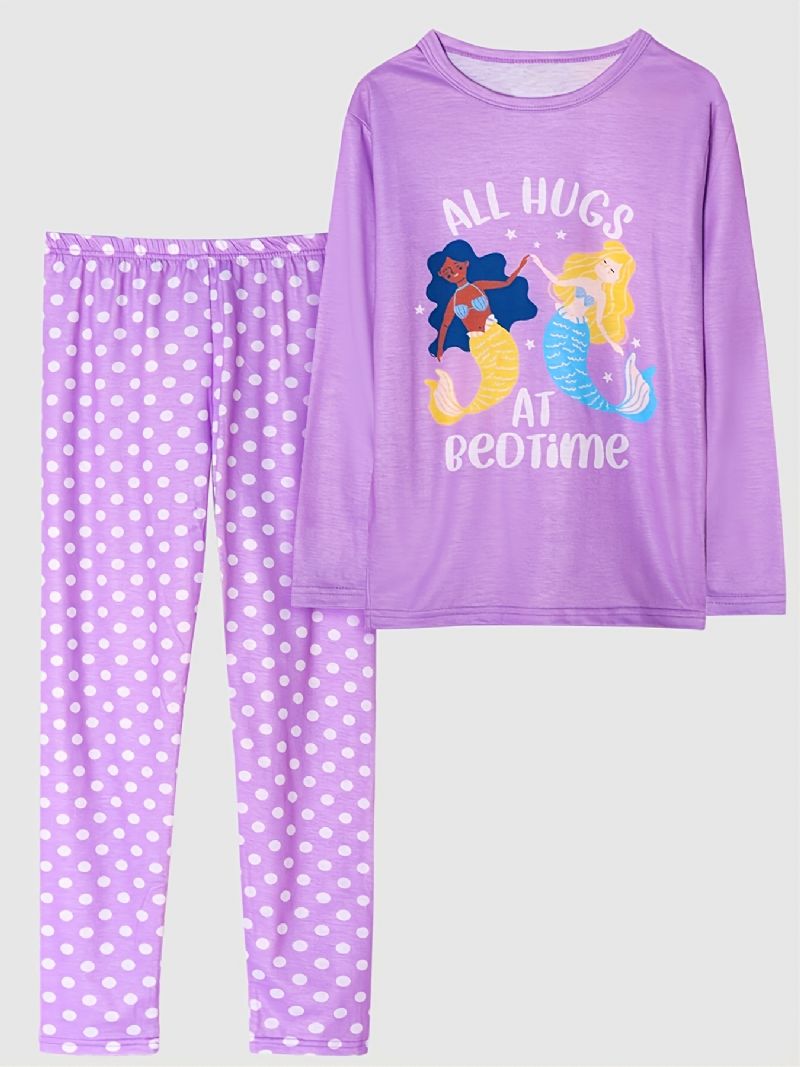 Tyttöjen Pyjamat Perheasu Mermaid Print Pyöreäkaula-aukoinen Pitkähihainen Toppi & Pilkkuhoususetti Lasten Vaatteet