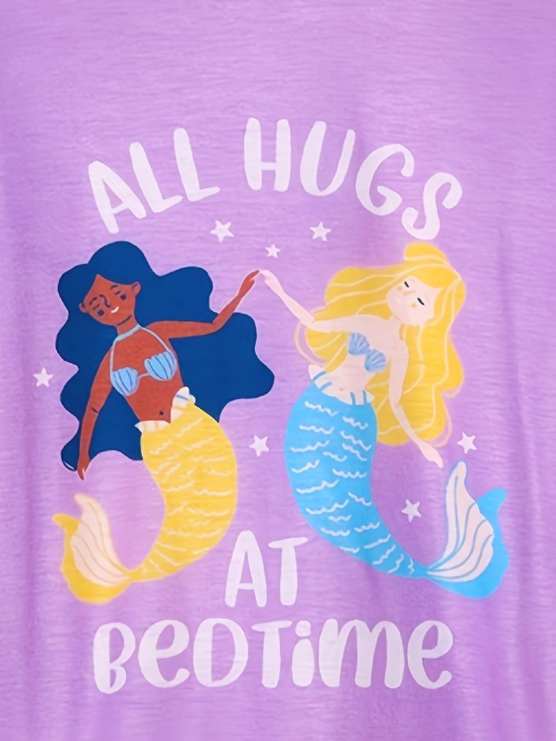 Tyttöjen Pyjamat Perheasu Mermaid Print Pyöreäkaula-aukoinen Pitkähihainen Toppi & Pilkkuhoususetti Lasten Vaatteet