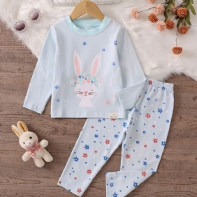 Tyttöjen Pyjamat Perheasu Söpö Rabbit Print Pyöreäpääntie Pitkähihainen Toppi & Kukkaprinttihoususarja Lasten Vaatteet